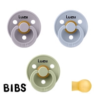 BIBS Colour Schnuller mit Name, Fossil Grey, Dusky Blue, Sage, rund Latex Größ 2, (3er Pack)